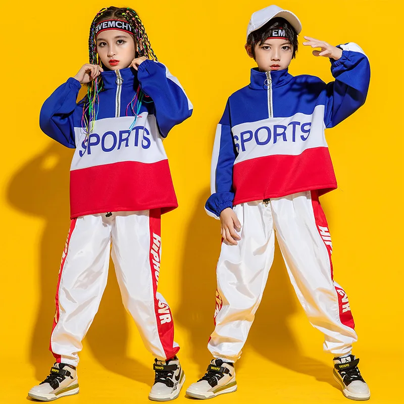Girls Jazz Dance Costumes Patchwork Half-zip Tracksuit Letter Print Sweatpants Set Boys Hip Hop Dance Performance Rave Clothes