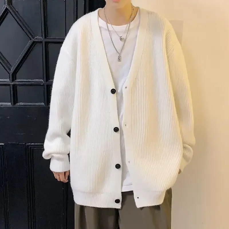 

2023 Men Autumn Winter Retro Loose V-neck Cardigan Coats Male Solid Color Sweater Jackets Men's Casual Sweater Overcoats