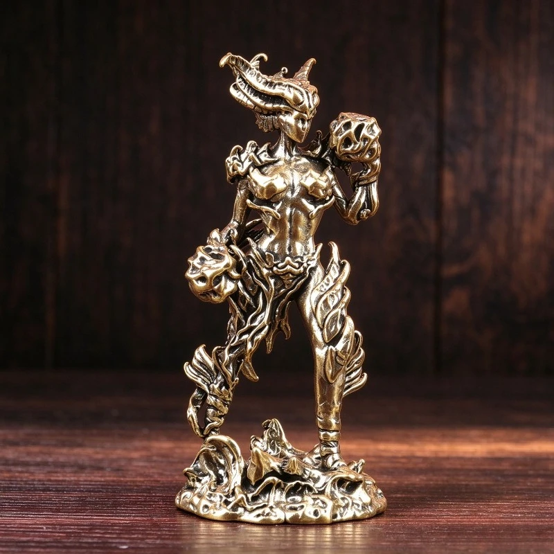 Brass Dragon Lady Figurine Retro Metal Fantasy Female Warrior Statue Desktop Ornament Vintage Tabletop Decor Collectible Craft