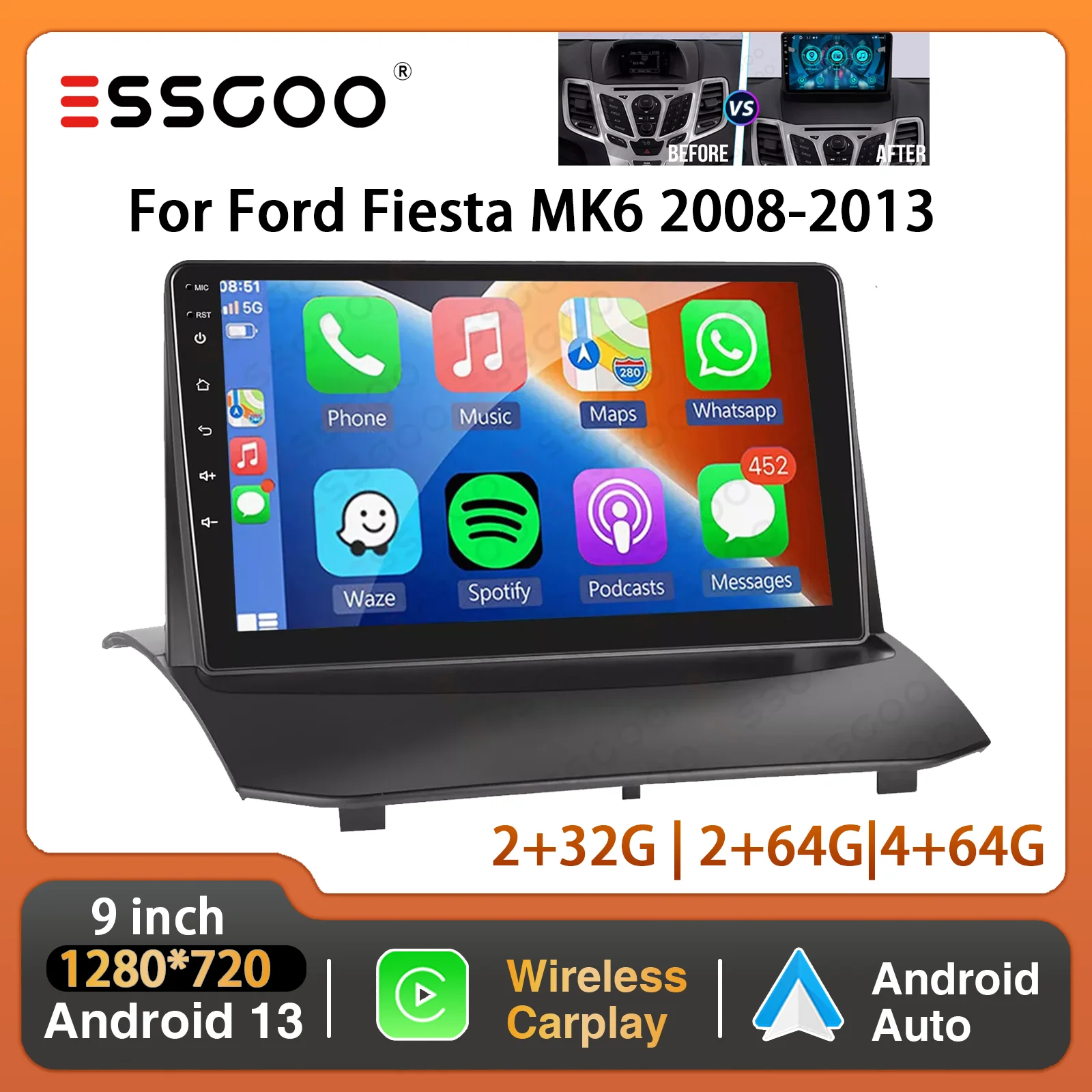 

ESSGOO 9 "автомобильный стерео радио мультимедийный видеоплеер для Ford Fiesta MK6 2009-2013 годов Android 13 Carplay Radio WIFI BT GPS навигация