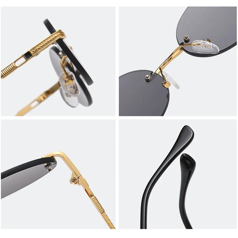 Retro Oval Sunglasses Rimless Man Blue Mirror Gold Metal Male Glasses Round Frameless Women UV400