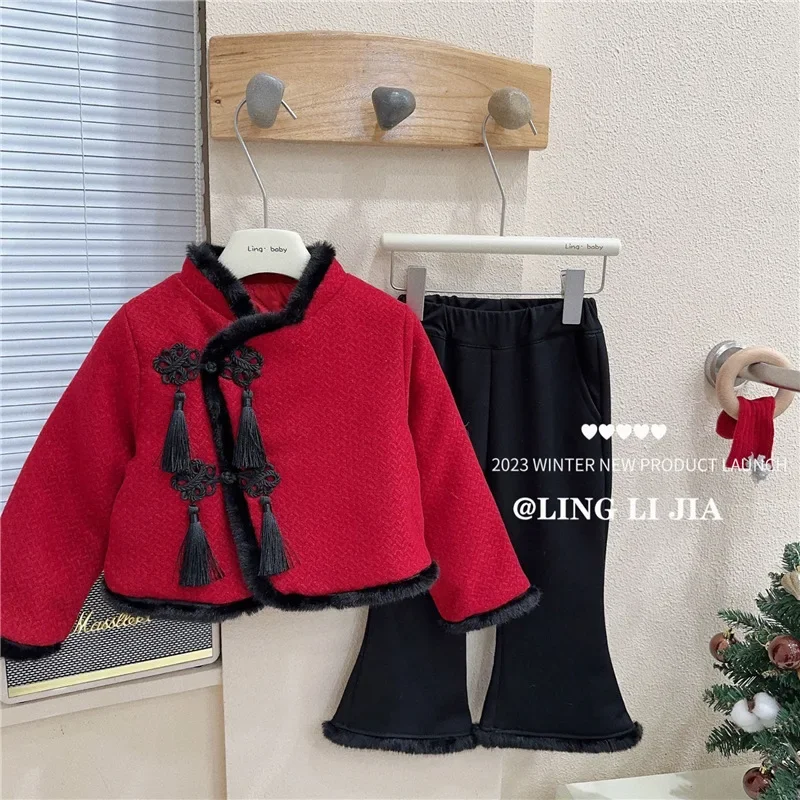 Childrens Clothing Set 2024 Winter New Item Baby Red Coat Black Silk Lace Pants Cute Two-piece Set Toddler Girl Clothes