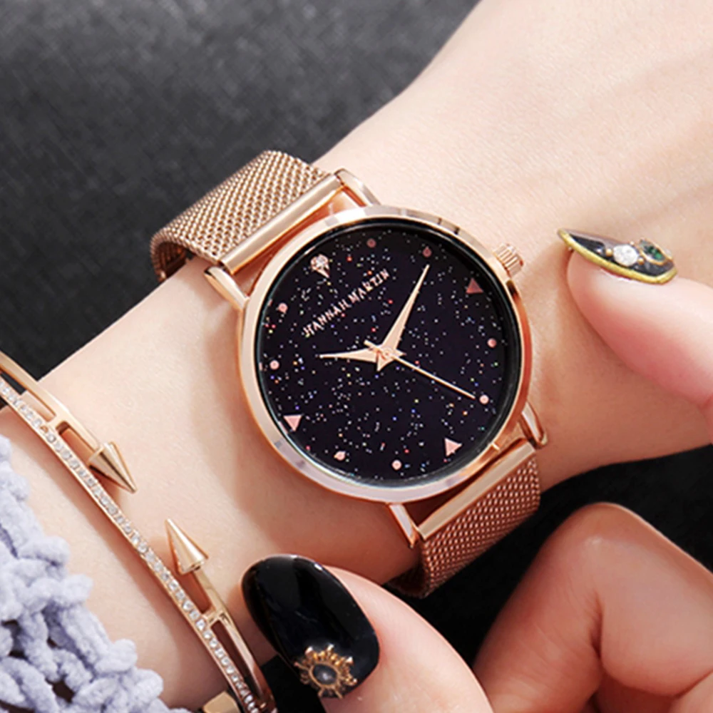 HANNAH MARTIN Brand Fashion Women Watch Luxury Rhinestone Starry Sky Dial Ladies Waterproof Stainless Steel Strap Couple Watch