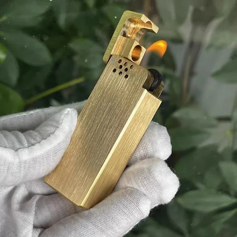 New Heavy men Brass Cool Gasoline Lighter Press Automatic Ejection Windproof Old Style Grinding Wheel Lighter