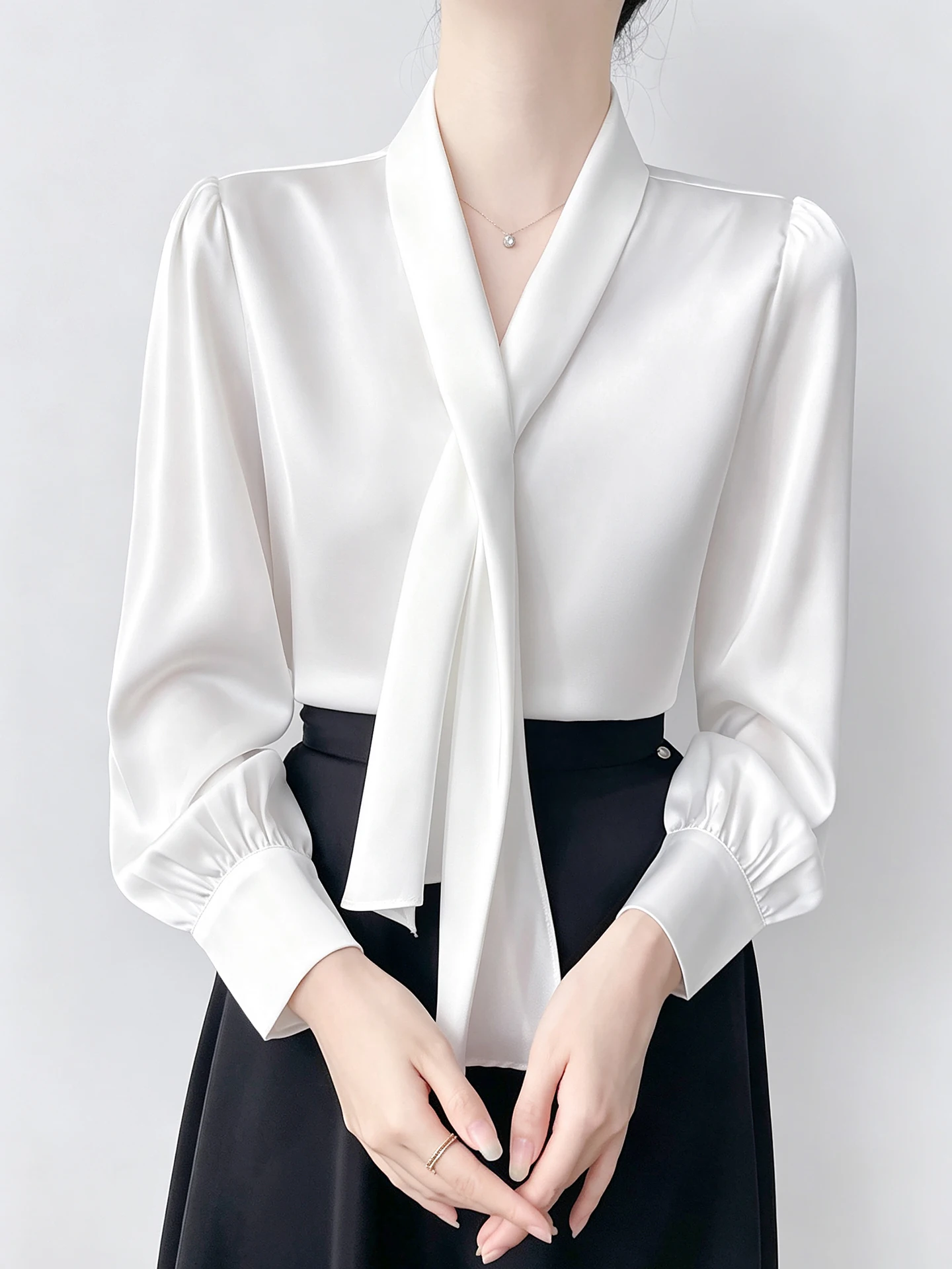 Elegant White Sash Shirt for Women Long Sleeve Satin Drapey Commute Shirt Korean Style Straight Cut Polyester Fiber Breathabl...