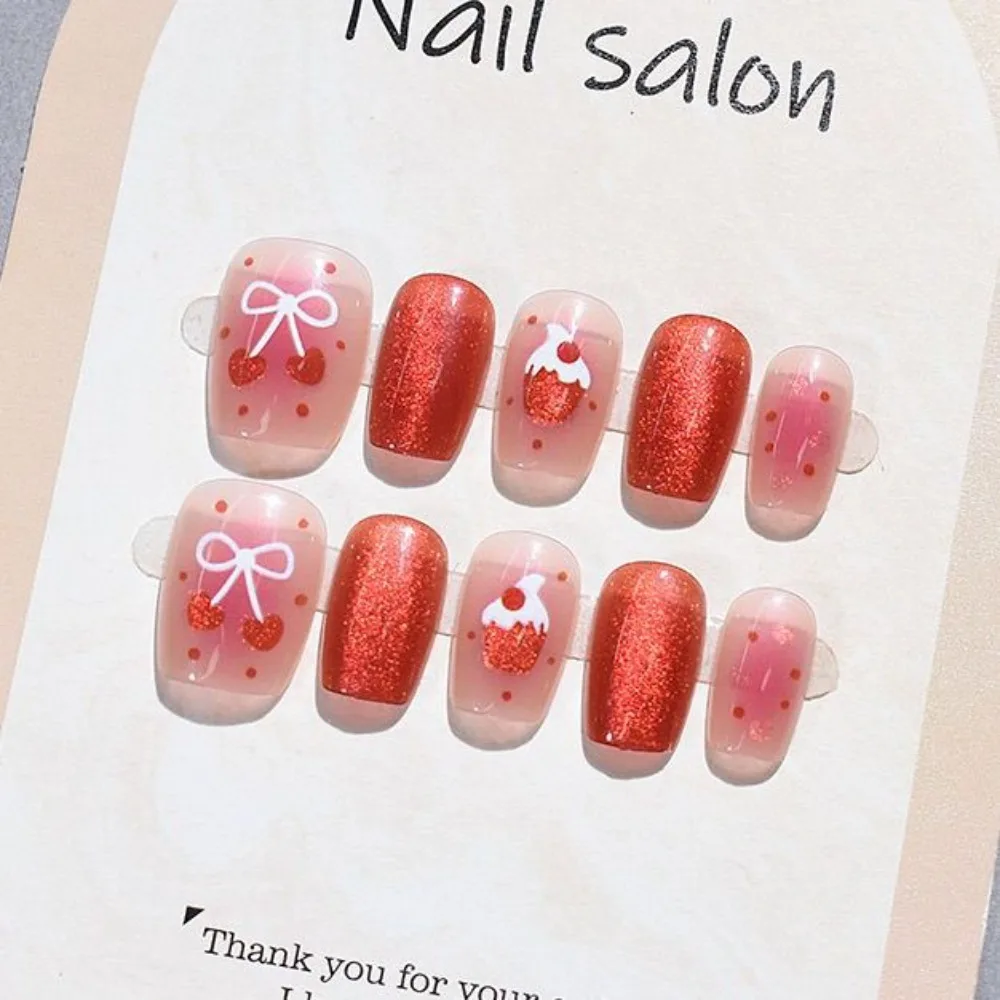 

10pcs Sweet Ruby Cat Eye Fake nails Nail tips Press on nails Soft gel tips nail Short nail False nails