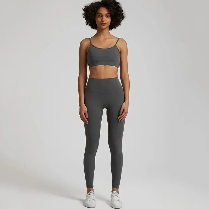 Lemon-Legging croisé dans le dos pour femme, ensemble de fitness et de yoga, soutien-gorge de sport, haut à col rond, entraînement sportif, 2 pièces