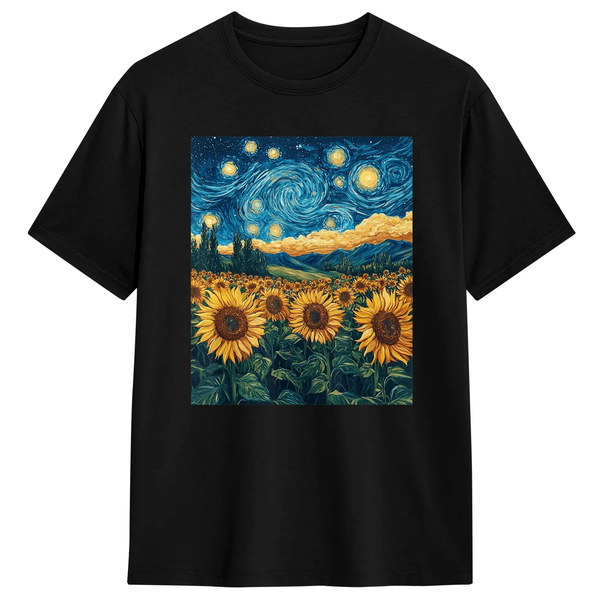 Sunflower Floral Flower Van Gogh Style Starry Night Graphic T Shirt  Fashion T-Shirts Short-Sleeve Vintage Tops Summer Cotton