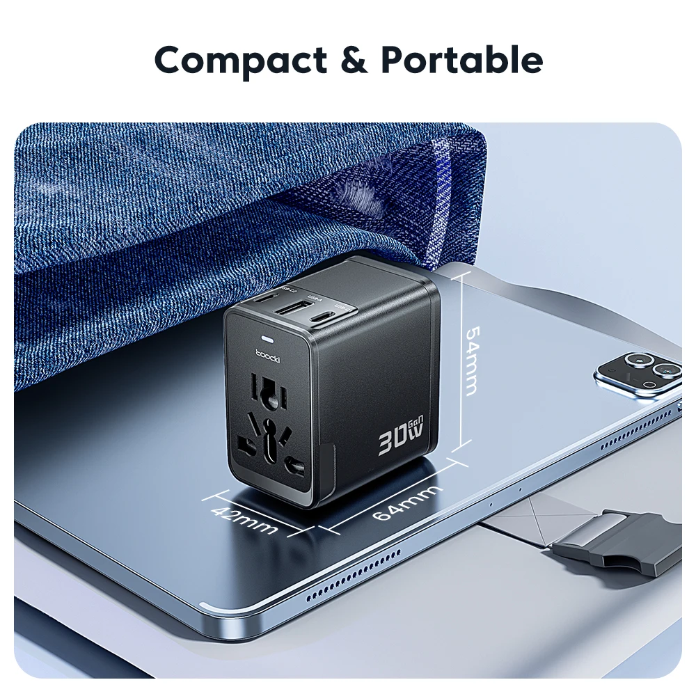 

Toocki 30W GaN International Travel Adapter With 2C1A PD Fast Charging All-in-one 2500W Wall Charger EU AU US UK Plug For Travel