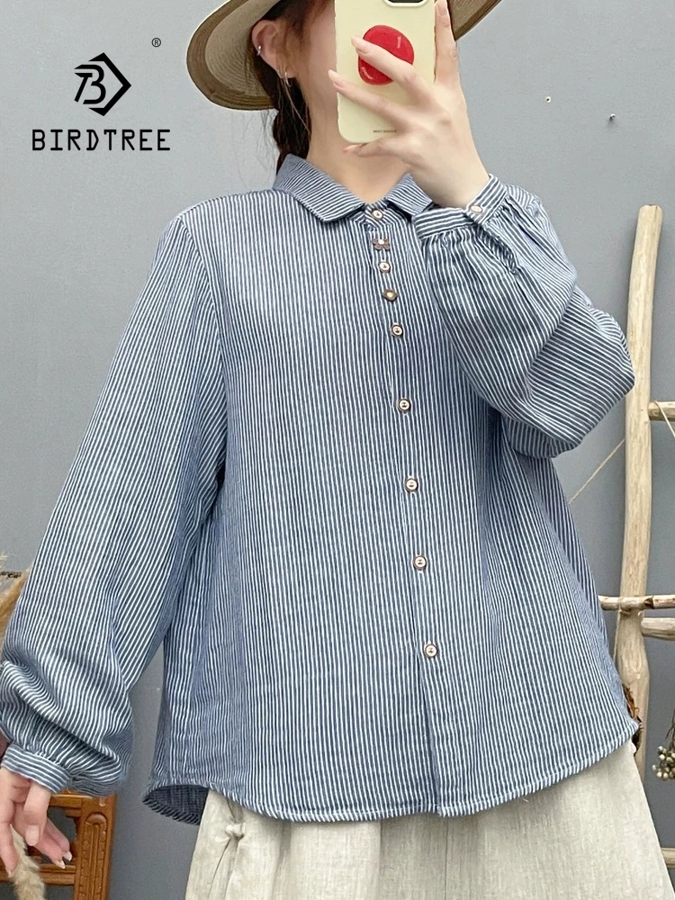 New 2026 Autumn Women Cotton Yarn Long Sleeve Shirt, Turn-down Collar Striped, Mori Girl Versatile Casual Loose Blouse T69054CC