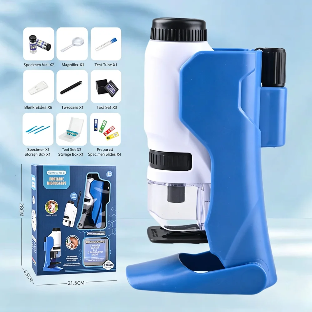 Portable Handheld Microscope 60-180x Magnification Battery Powered with LED Light specimen Kids Science Lab Magnifying Glass