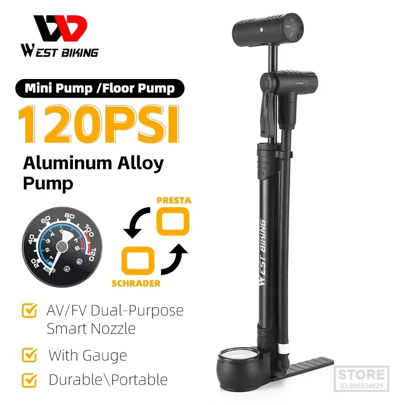 WEST BIKING Portable Air Pump MTB Road Bike Easy Rotation Switch Schrader Presta Nozzle Hand/Floor Pump With Pressure Gauge