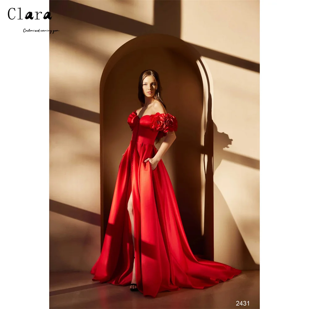 Clara personalizado rojo A-line aberturas laterales flores 3D vestidos de graduación de lujo 2025 mujer vestido de noche de lujo vestido de baile elegante fiesta