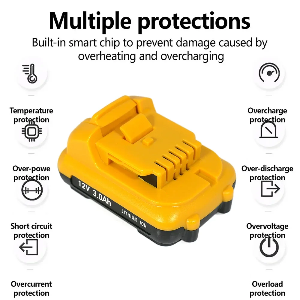 12V 3Ah DCB201 Rechargeable Battery for DeWalt DCB182 DCB120 DCB123 DCB122 DCB127 DCB124 Power Tools Replace Lithium Ion Battery