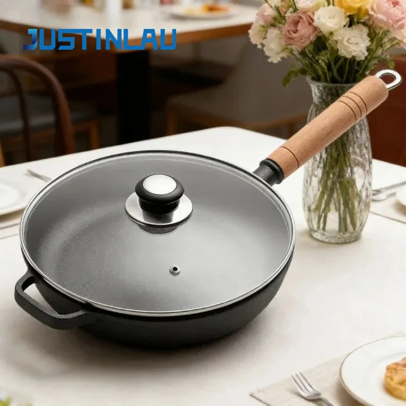 JUSTINLAU Wooden Handle Uncoated Pan for Stir Frying Pancakes Steaks and Fried Eggs Cast Iron Flat Bottomed Non Stick Iron Pan
