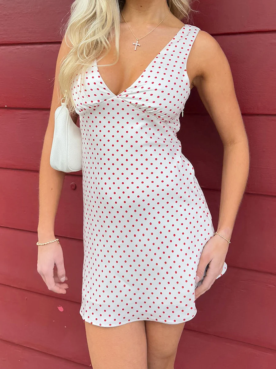 

Женское летнее платье-майка без рукавов с глубоким v-образным вырезом и открытой спиной в горошек
