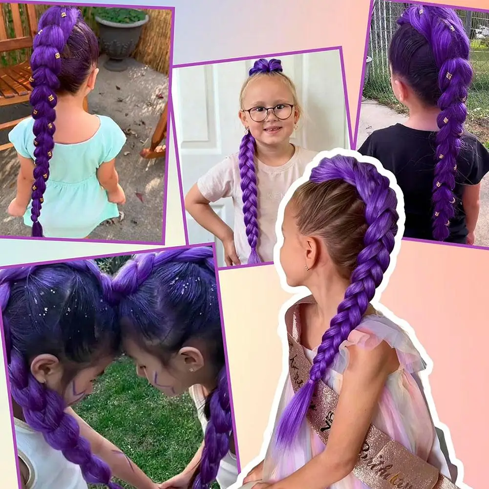 رومي تصفيفة الشعر الأرجواني مضفر ذيل حصان 26 بوصة مقاطع الشعر الاصطناعية أطفال بنات هالوين زي وصلات شعر #3