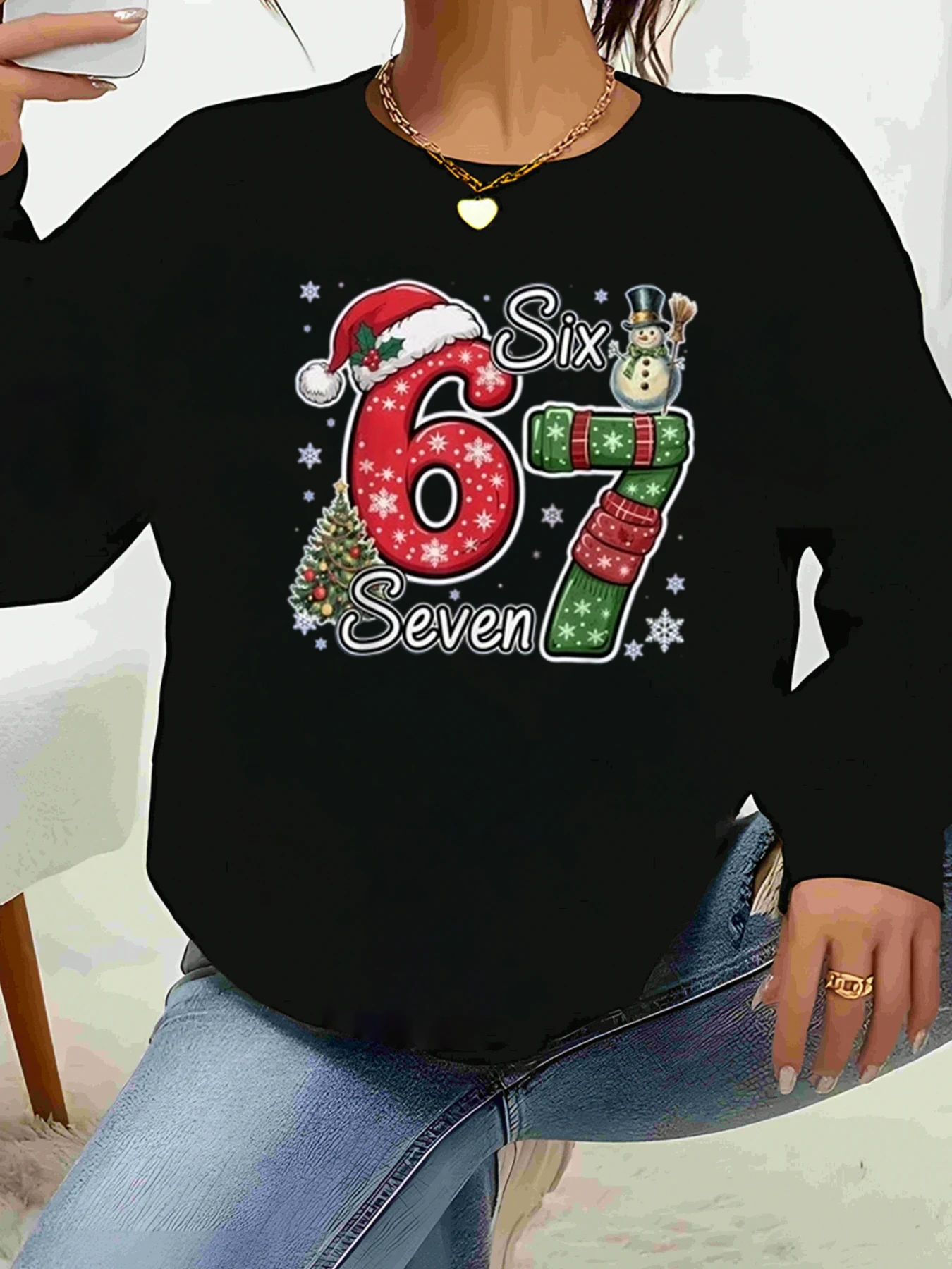 

Рождественский топ с длинными рукавами и принтом шести семи цифр, праздничная женская повседневная одежда для вечеринок
