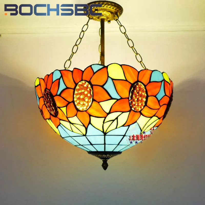 BOCHSBC Tiffany style stained glass European vintage sunflower Pendant lamp for dining room bedroom hallway balcony LED decor