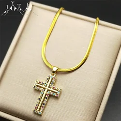 Colorful Jesus Cross Pendant Necklace for Women Stainless Steel Gold Plated Copper Zircon Religious Amulet Jewelry Party Gift