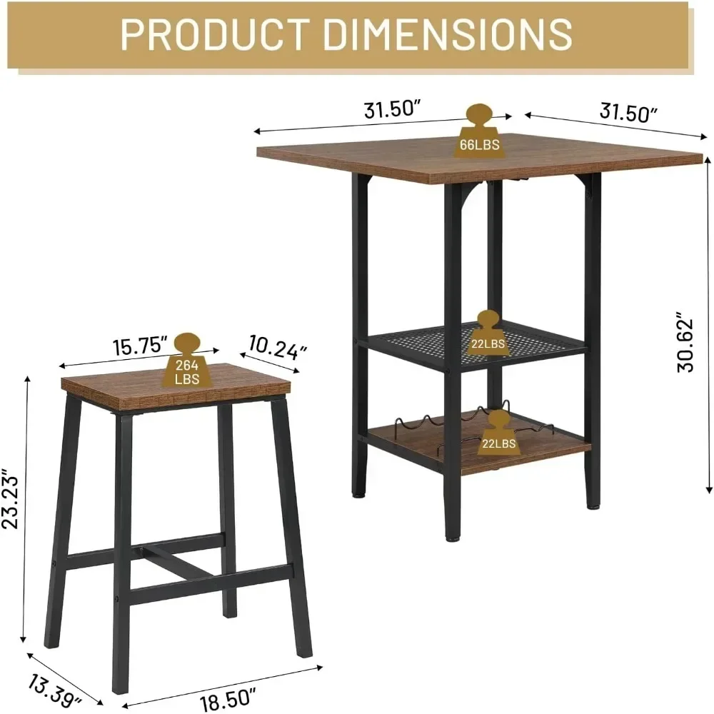 5 Piece Bar Table & Chair Set, Industrial Countertop Height Bar Table with 4 Stools, Kitchen Table Set with Shelves