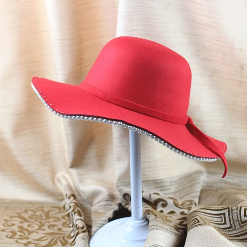 New Autumn Winter Wool Felt Hat Women Retro Wide Brim Pearl Decor Fashion Street Travel Fedora Cap Nice Gift For Mom Daily