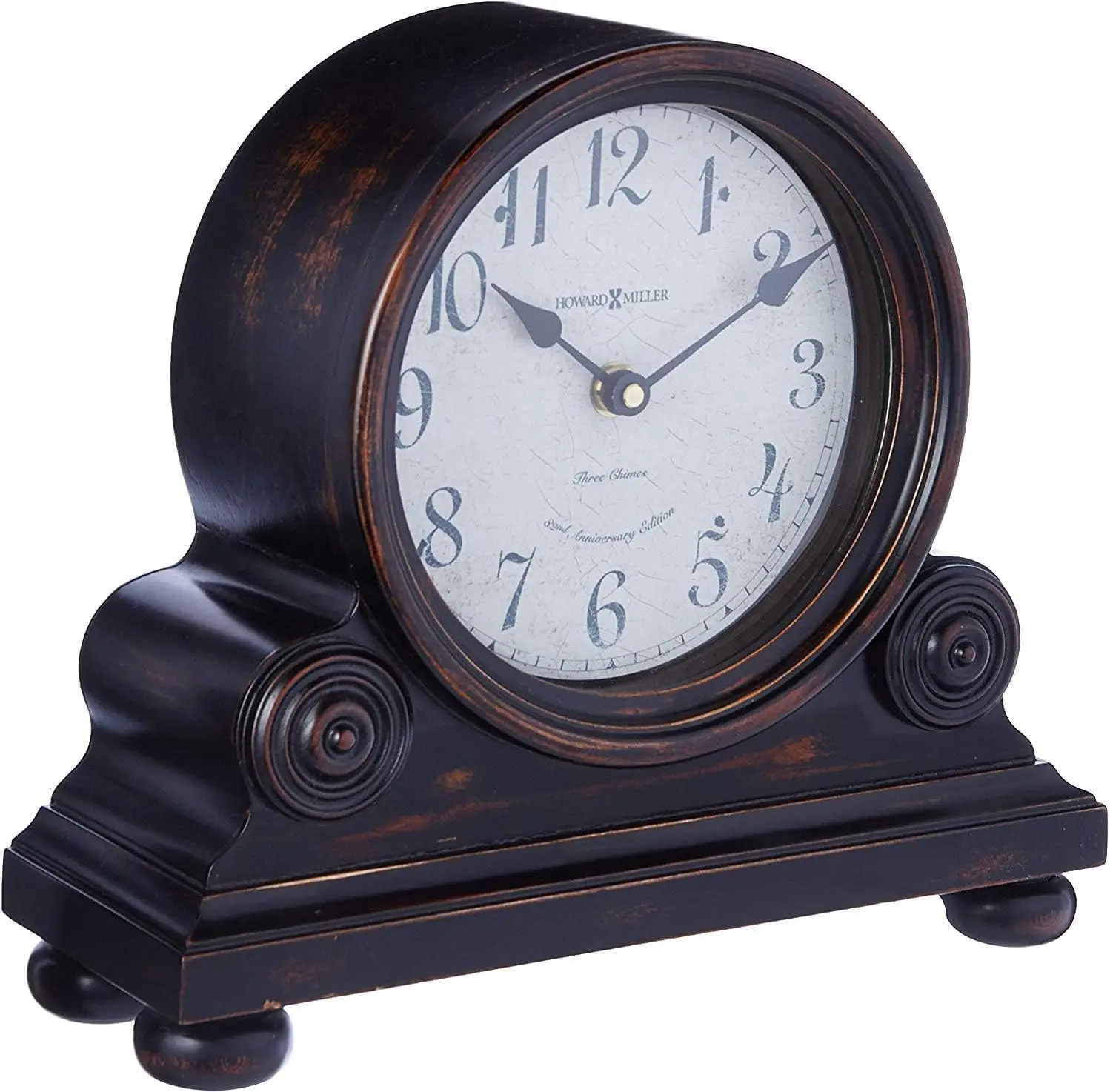 Clock, Vintage Black Finish Hard Wood Material Applied Rosettes & Bun, Crystal Glass Dial Arabic Numerals Triple-Chime Harmonic