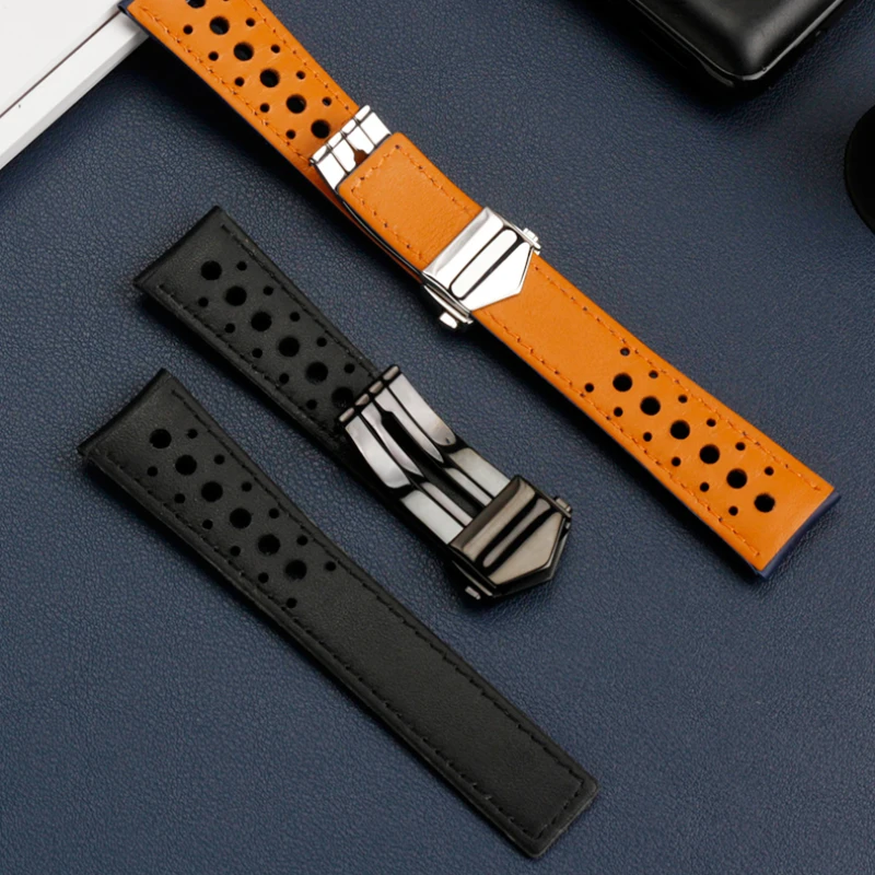 New 22mm Soft breathable crocodile leather Watchband blue For TAG HEUER Strap MONACO CARRERA Watch Band Bracelet Folding Buckle