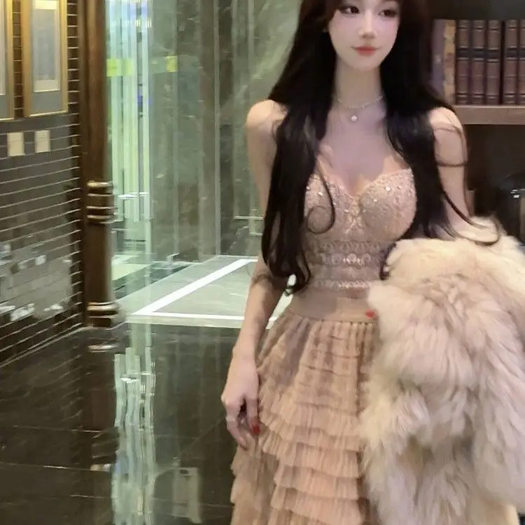 

Spring Summer High Waist Pure Color Khaki Multi-Layered Cake Skirt Slimming A-Line Long Dr Korean Sle Commute Polyester ...