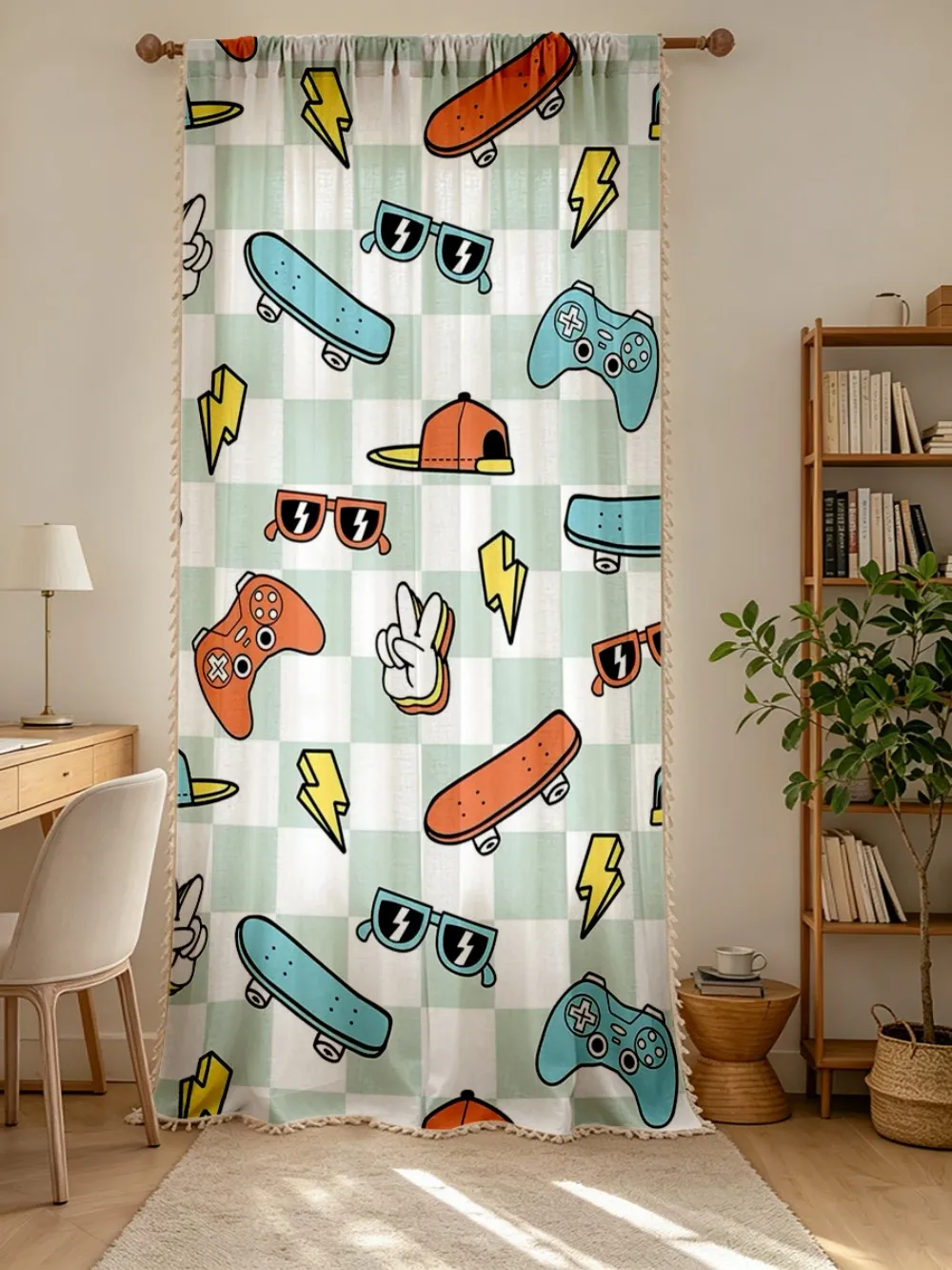 1PC Cartoon Tassel Sheer Curtains, Skateboard Game Controller, Digital Print, Linen Polyester, Bedroom Living Room Home Decor