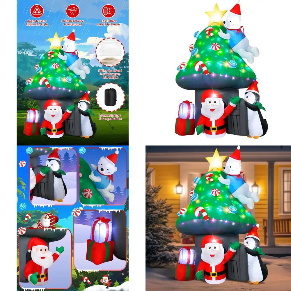 

7-футовый грибной дом Санты с белым медведем и пингвином, рождественская елка со светодиодной подсветкой и подарки для уличного праздничного декора