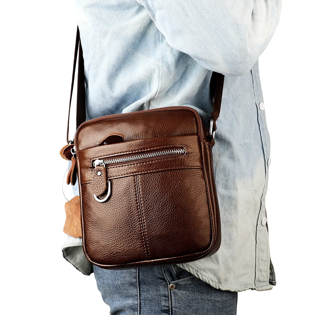 

Men's Genuine Leather Crossbody Bag High Quality Zipper Pocket Retro Business Messenger Bag for Men