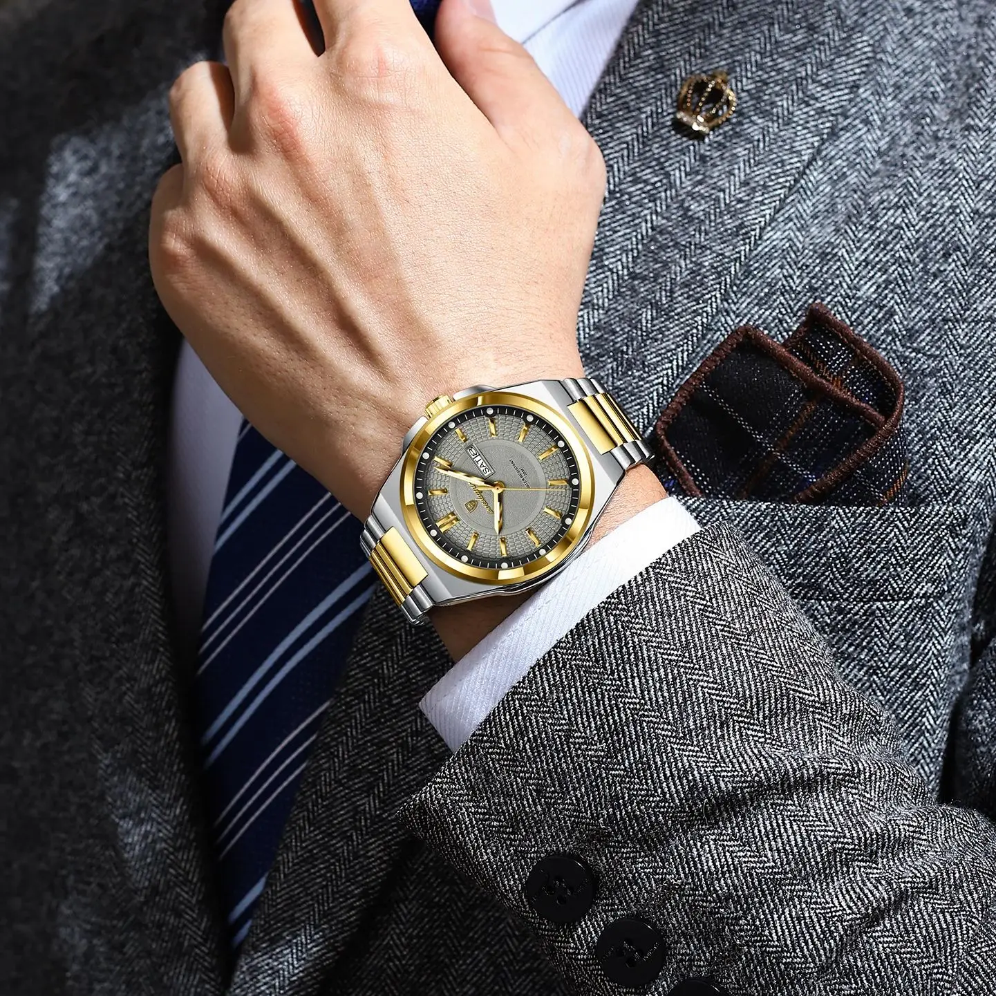 POEDAGAR ساعة يد رجالية فاخرة من الفولاذ المقاوم للصدأ تاريخ الأسبوع رجل ساعة مقاوم للماء مضيئة الأعمال موضة ساعات كوارتز للرجال