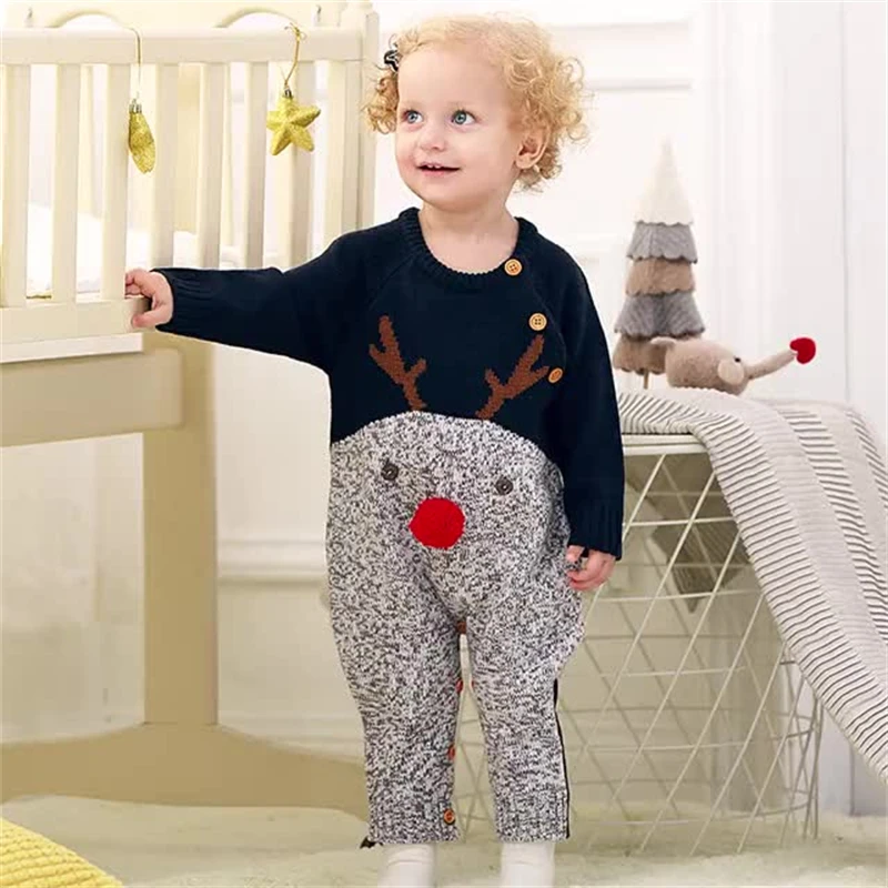 Baby Boy Girl Christmas Romper Rudolph Knitted Jumper Long Sleeve Sweater Playsuit Red-nose Reindeer Knit Jumpsuit for 0-2 Yrs