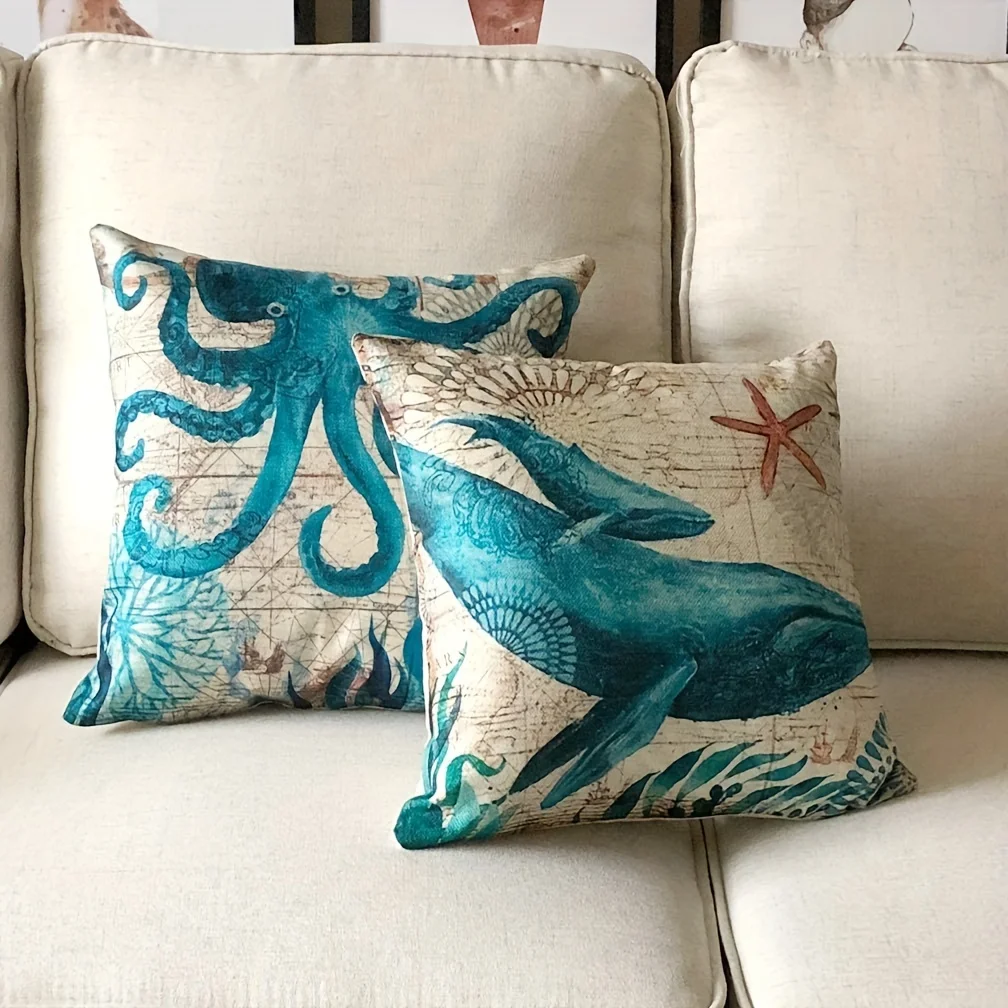 1pc Cove Single Side Square CushionCovers Seahorse Whale Starfish Turtle Blue Ocean Square Throw PillowCover Linen Material