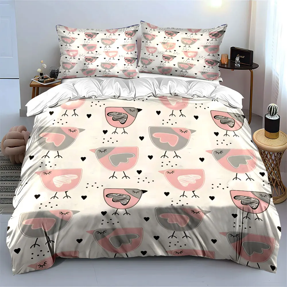 3pcs Pink birds with heart patterns Print Soft Comfortable Duvet Cover Bedding Set Included 1*Duvet Cover 2*Pillowcases 3