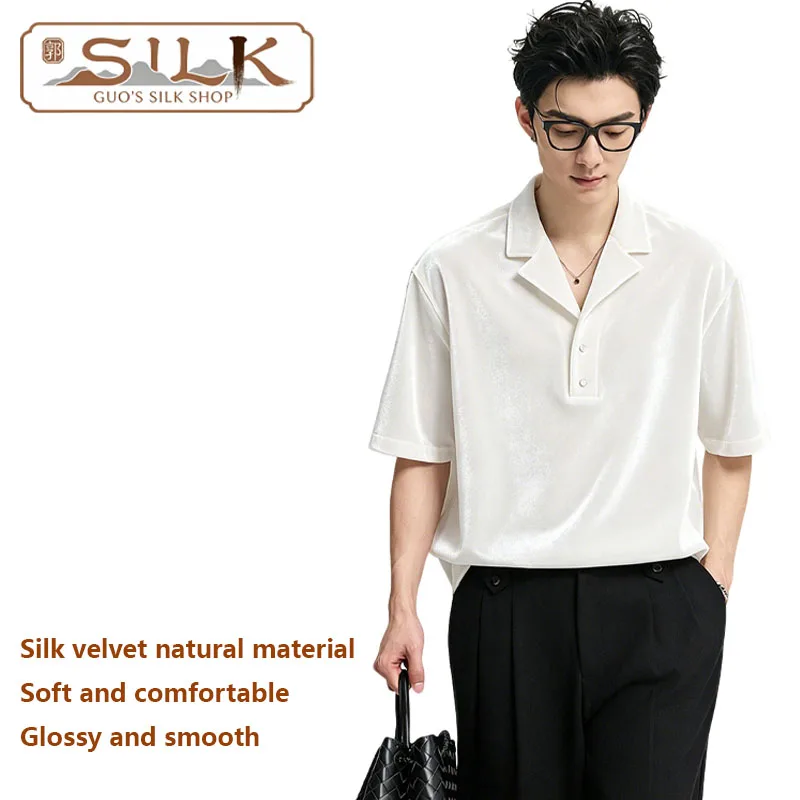 

Natural Silk Velvet Men's Polo Shirt Simple Elegant Short-Sleeved Top with Fashionable Trend Smooth, Lustrous and Soft Texture