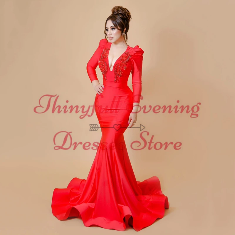 Thinyfull Formal Mermaid Prom Dresses V-Neck Long Sleeve Applique Evening Party Dress Saudi Arabia Cocktail Prom Gown Customized