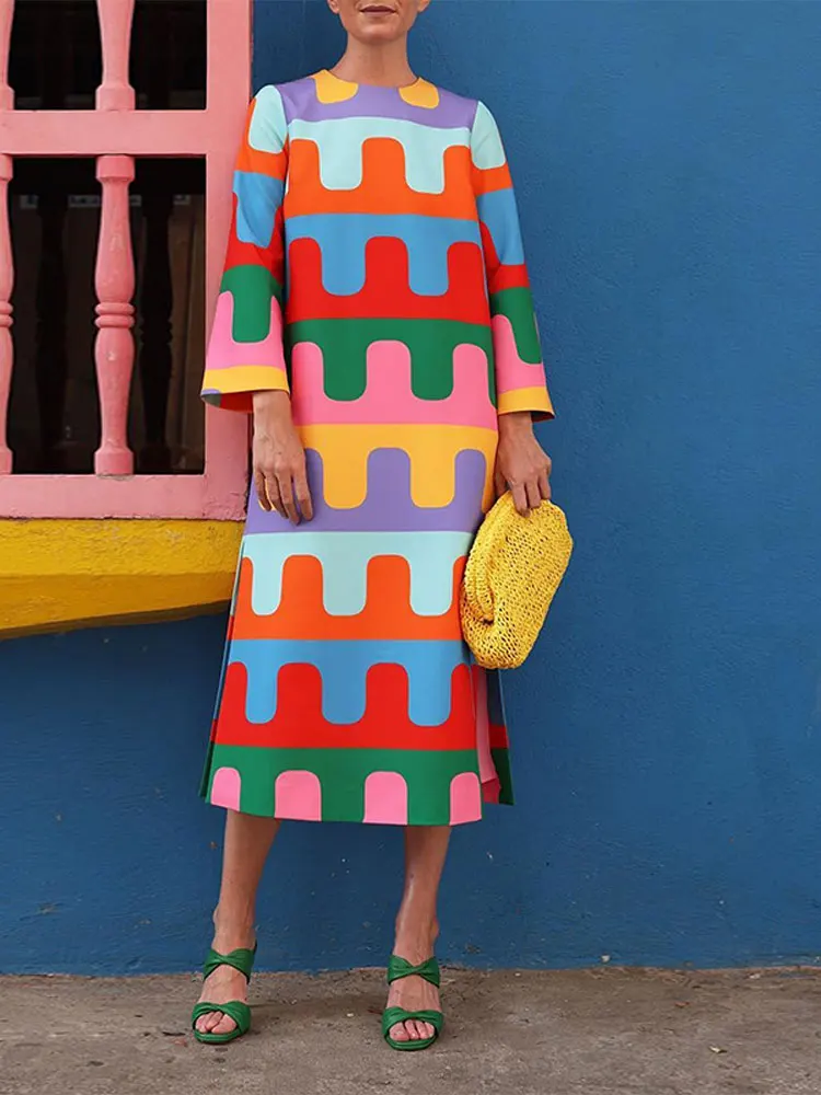 

Long Sleeve Split Vestidos Female Causal Vacation Outfits 2024 Fashion Contrast Color Patchwork Loose Midi Dress Women O Neck