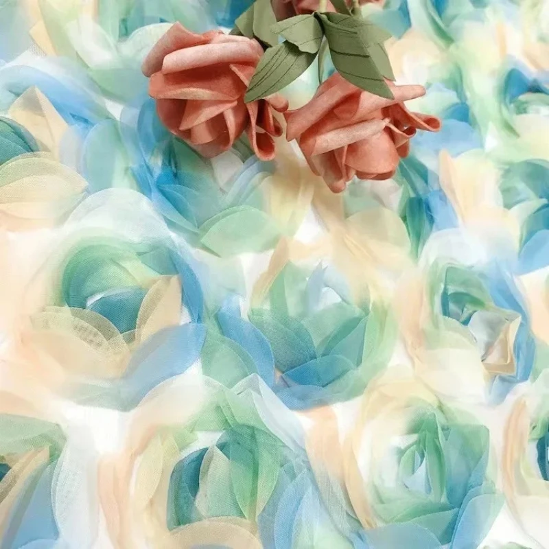 مادة شيفون وردية فاخرة مع تطريز زهور ثلاثي الأبعاد للأزياء والعرض