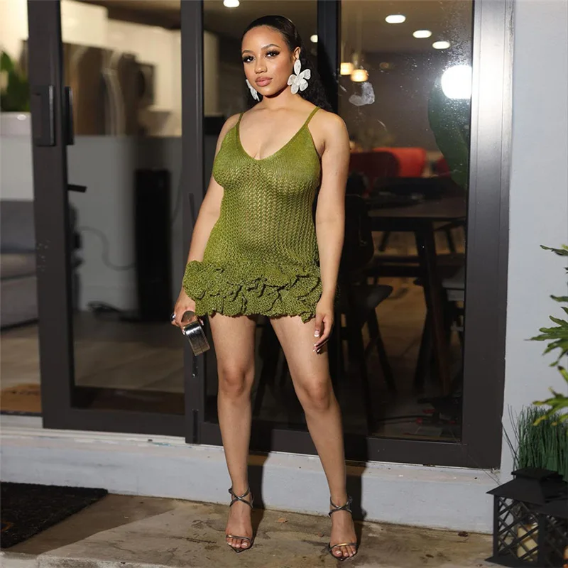 

2024 Summer Women's New Sexy Splicing A-line Skirt With Hollow Out Mushroom Edge Knitted Strap Bag Hip Dress