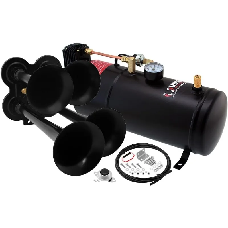 

Vixen Horns Train Horn Kit for Trucks/Car/Semi. Complete Onboard System- 150psi Air Compressor, 1 Gallon Tank, 4 Trumpets.