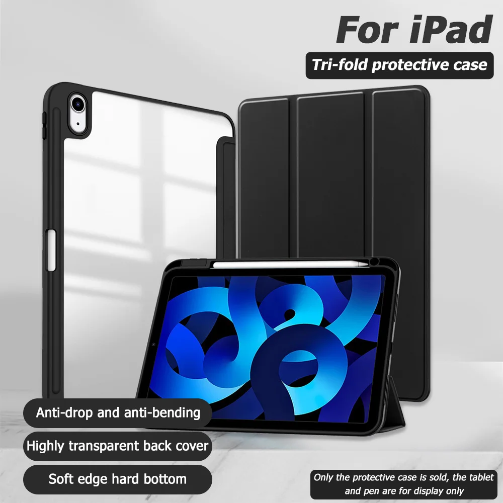 With Pencil Holder Tri-fold Tablet Case for iPad A19 12th A16 2026 Pro11 M5 M4 Air11 8 M3 M2 Air 5 4 10.9 10.2 8 9 10th 5/6th