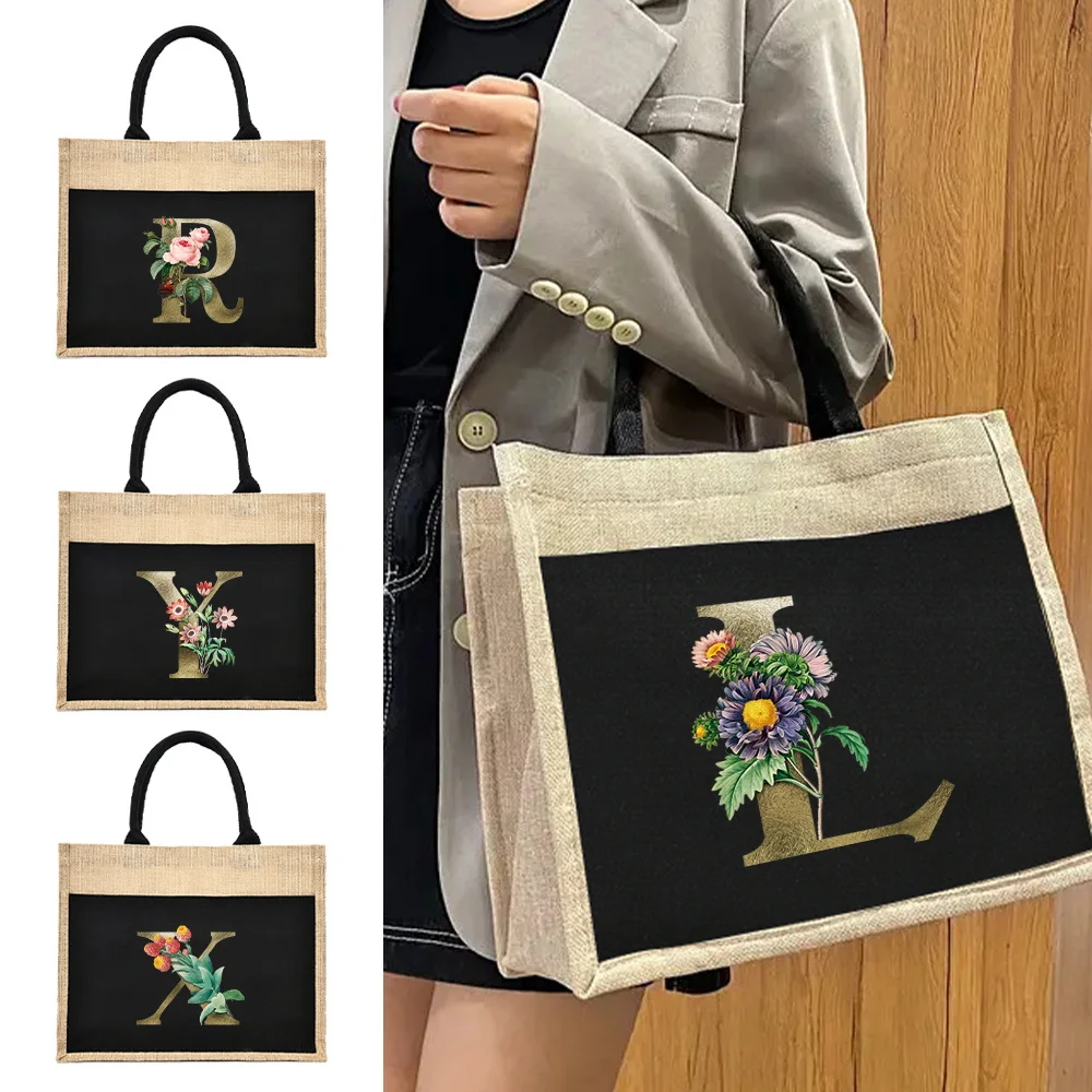 Women's Shopping Bags Fashion Golden Flower  Printed Linen Beach Bag One-shoulder Commuter Bag