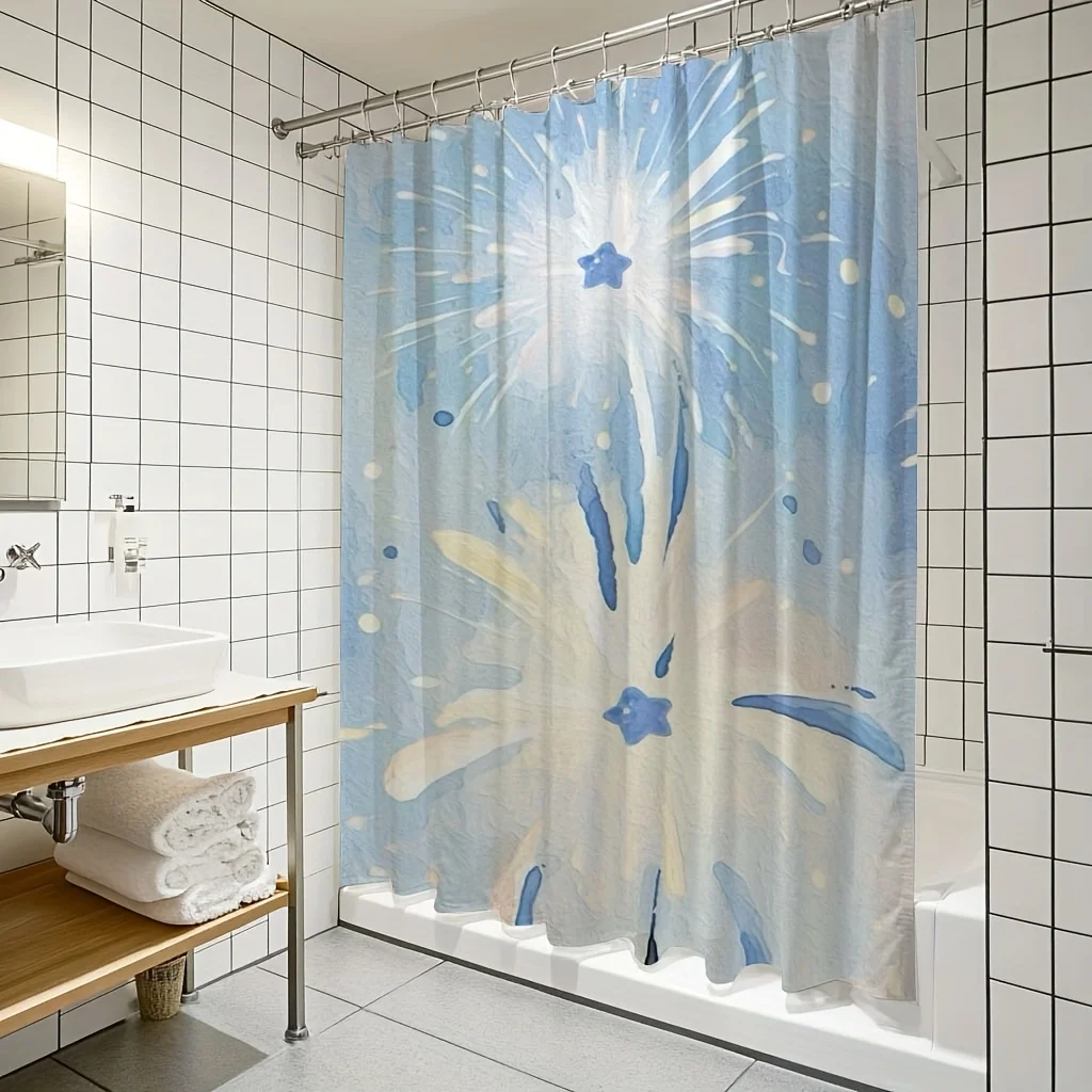 

Занавеска для душа с цифровым принтом синего фейерверка — двусторонний полиэстер с крючками, художественный декор для ванны, который можно стирать в машине
