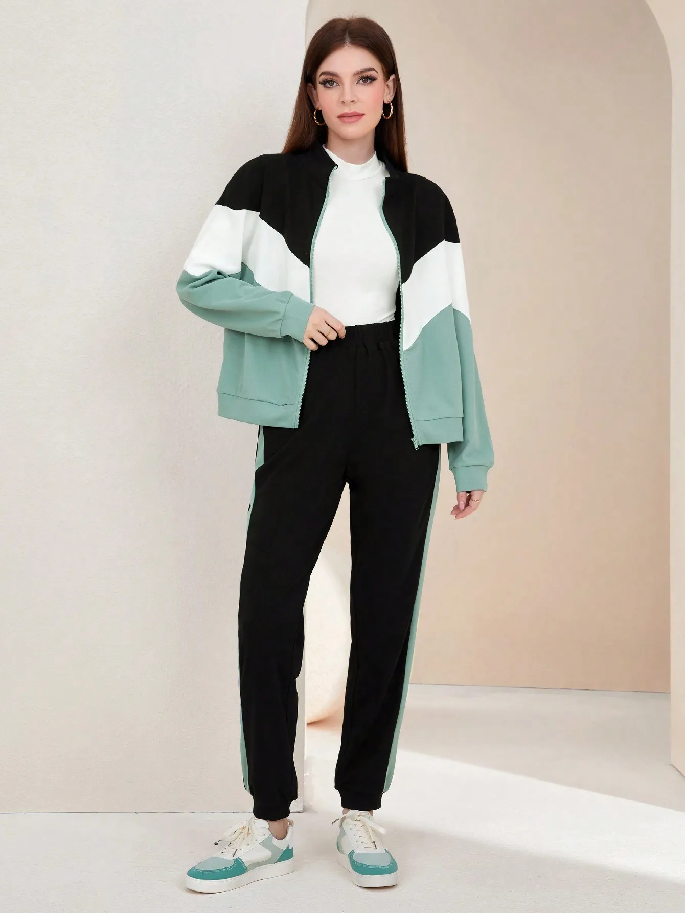 Colorblock Zip-Up Sweatshirt and Joggers Matching Set for Women