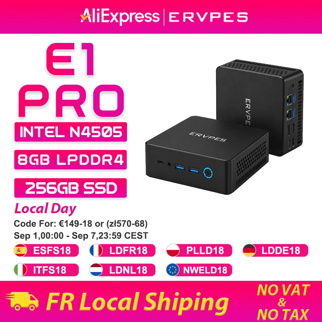 Image of ERVPES E1 Pro Mini-PC Intel N4505 8GB LPDDR4 256GB SSD Windows 11 Intel UHD Graphics WiFi 5 Bluetooth 5.0