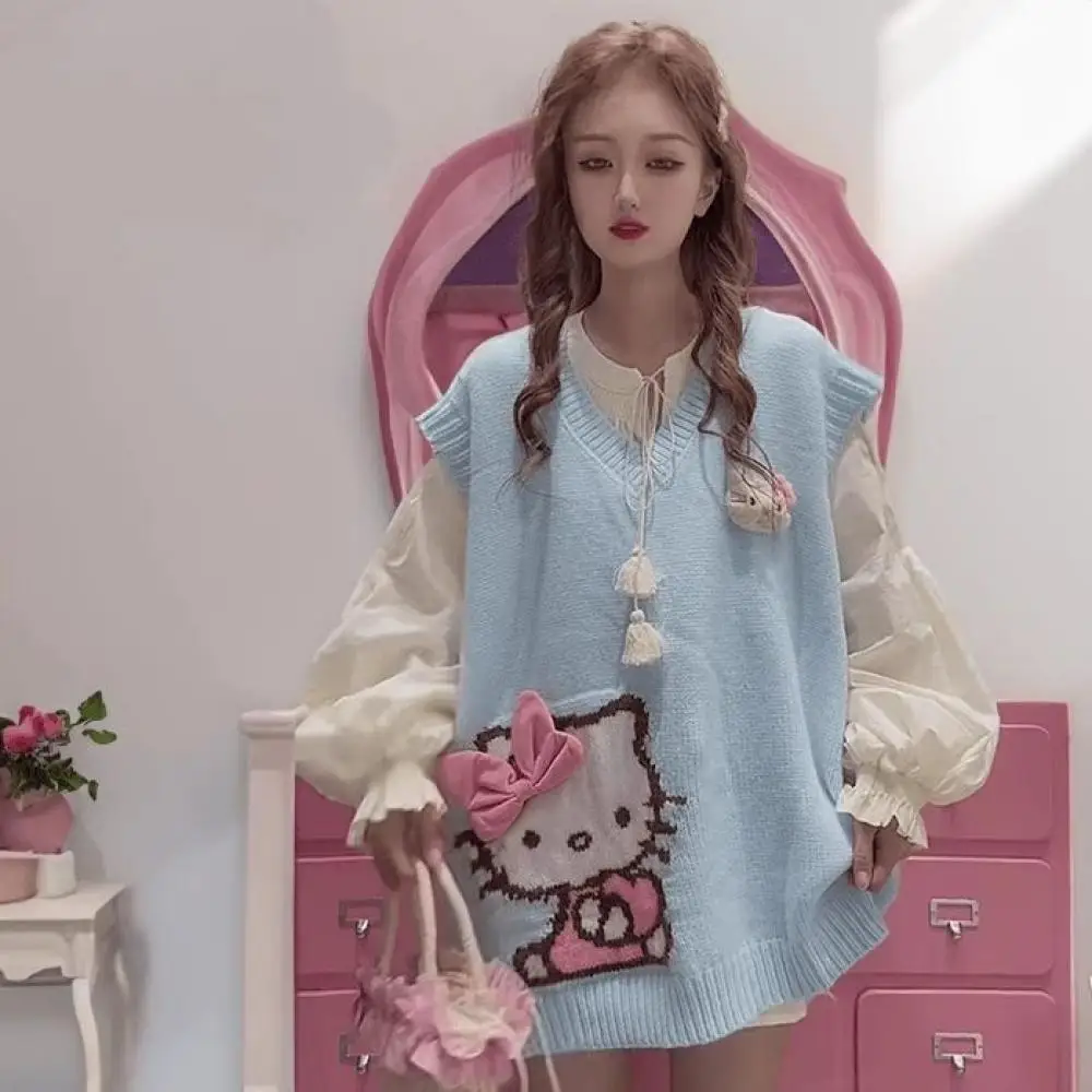 Kawaii Hello Kitty V คอถักเสื้อกั๊ก Sanrio อะนิเมะเกาหลีรุ่น Preppy ฤดูใบไม้ร่วงฤดูใบไม้ผลิสาวเสื้อกันหนาวนักเรียนแนวโน้มหวานหลวม