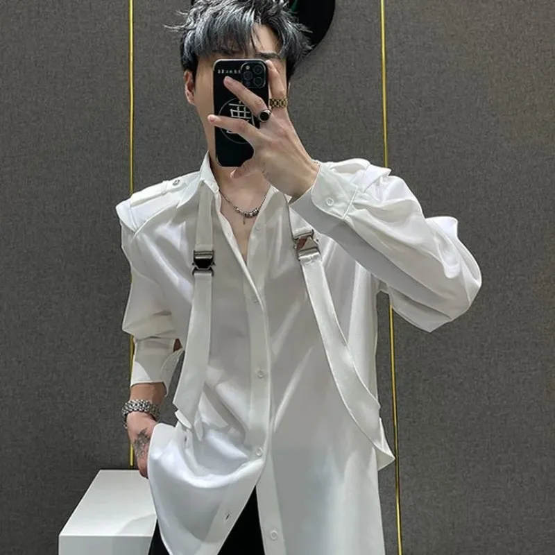 

Новая мужская лоскутная рубашка на подтяжках с длинными рукавами, свободная повседневная рубашка