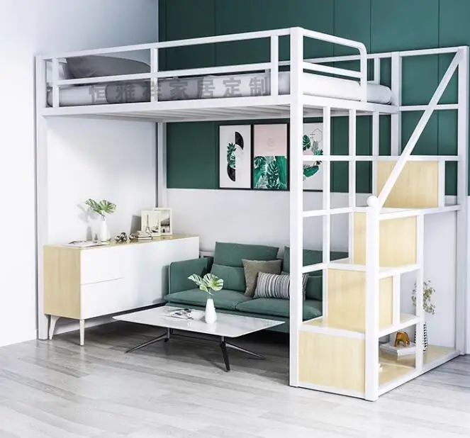 Wrought iron elevated bed sheet Upper Space saving Apartment Loft bed bed under table iron frame bed double bed